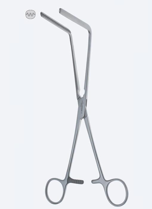 Зажими, хірургічні, "Fehland", кишкові, вигнуті, зубці "De Bakey", зубці 2 х 3, загальна довжина 240 мм, 9 1/2". Бренд - Asanus Medizintechnik Gmb, Німеччина